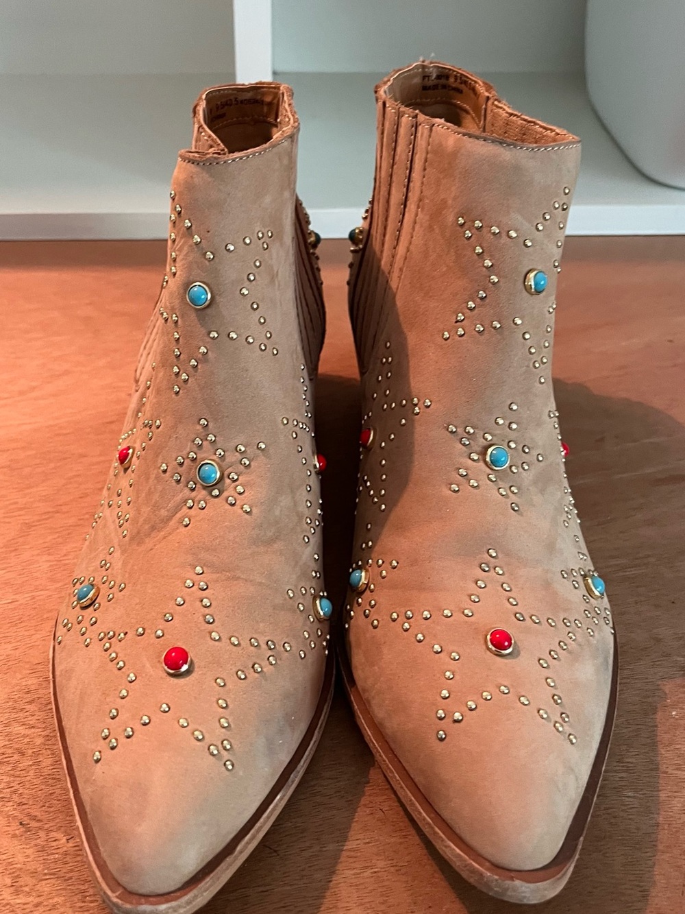 Chinese Laundry Tan Suede Ankle Boots with Turquoise & Red Studs